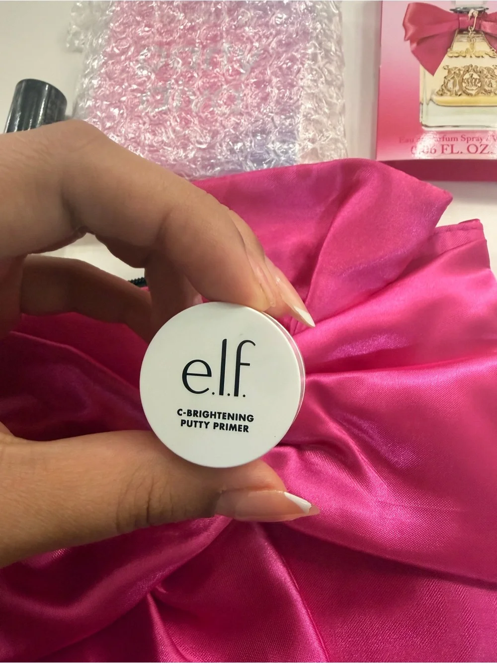 ELF Hot Pink Satin Knot Cosmetic Pouch with Beauty Products